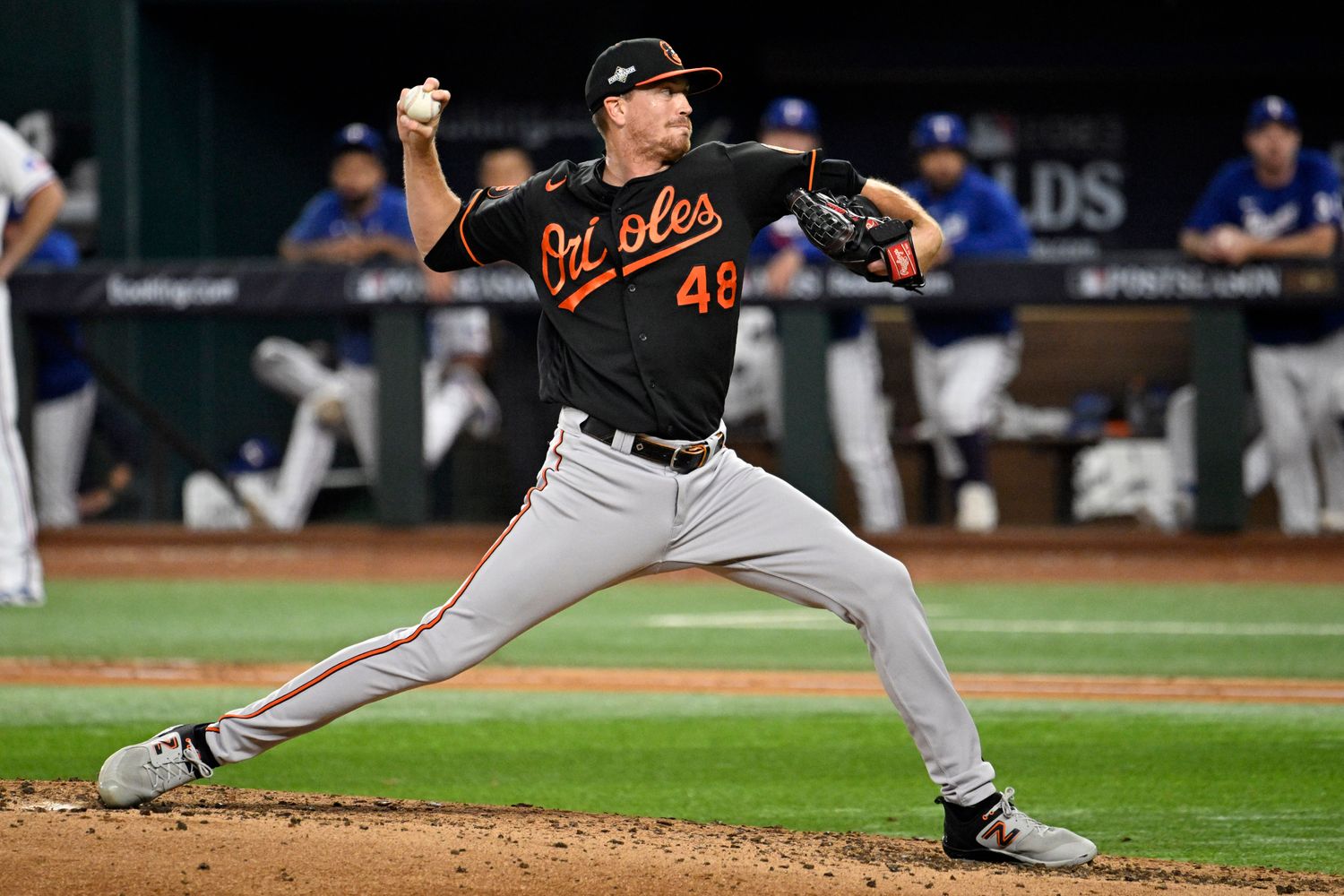 Baltimore Orioles relief pitcher Kyle Gibson (48) pitches in the fourth inning against the Texas Rangers during game three of the ALDS for the 2023 MLB playoffs at Globe Life Field.